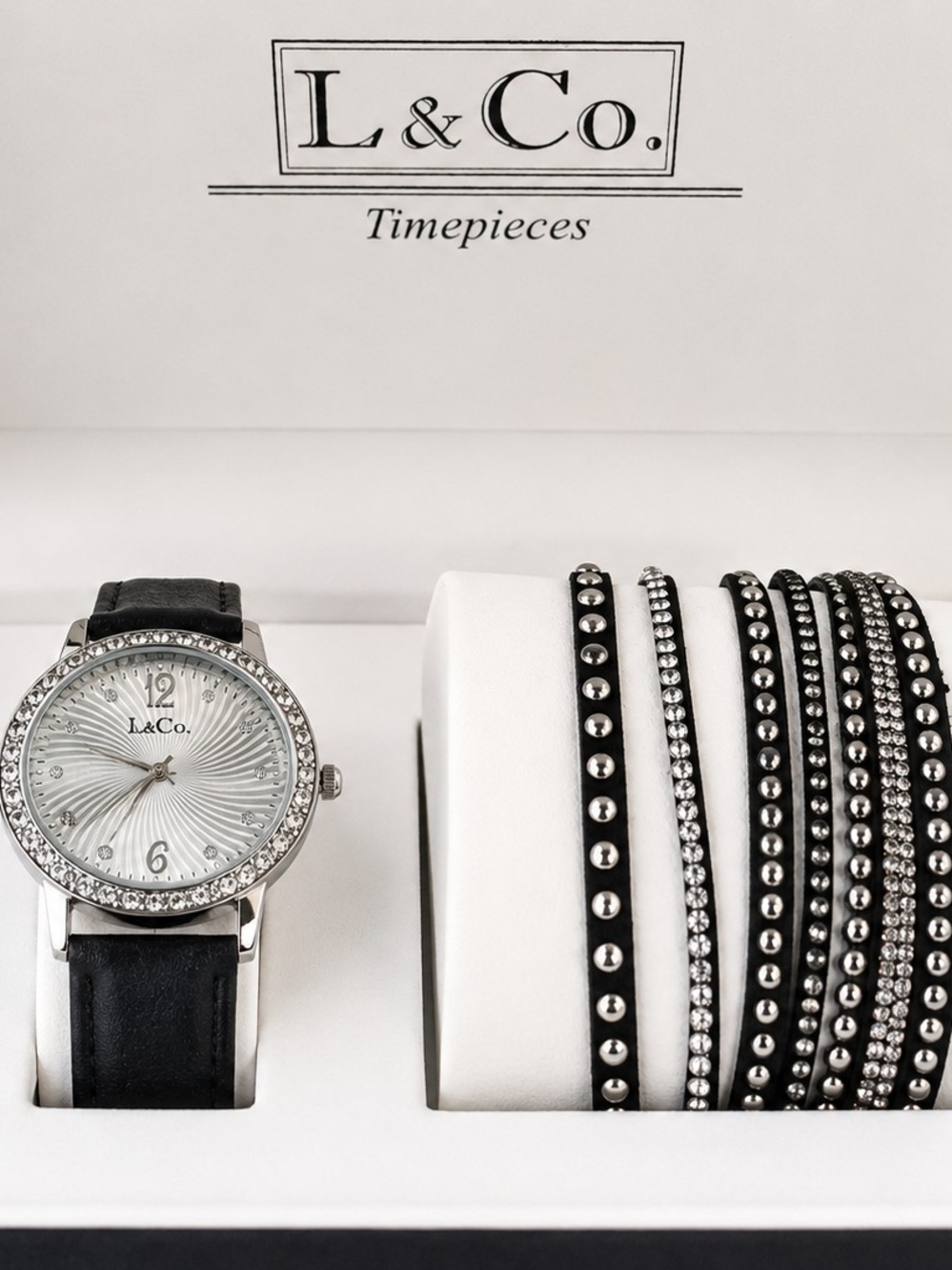 L & Co. Timepieces Crystal Watch & Wrap Bracelet Gift Set – New in Box